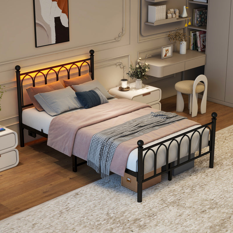120x200cm Metall Bettrahmen mit Vintage Kopf und Fußplatte, USB-Ladestation, LED-Bettrahmen, Heavy Duty Stahl Slat Unterstützung, Reichweite Unterbett-Speicher, Keine Box-Feder erforderlich, Schwarz