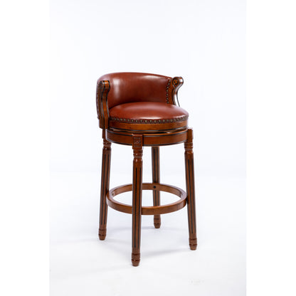 Barhocker aus Holz mit Kuhfell-Obermaterial, 360-Grad-Drehstuhl in Barhöhe mit Rückenlehne, Brown+Seat height 65cm