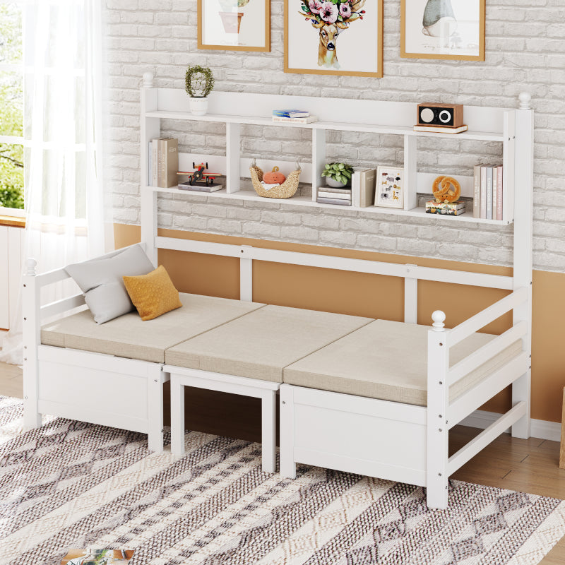 Multifunktionales Massivholz Schlafsofa 200x90 cm, 2-in-1 Bett und Schreibtisch, Frei Umbaubar, Mit Bücherregal Zur Aufbewahrung, Mit Bequemen Kissen, Gästebett Einzelholzbett, Weiß