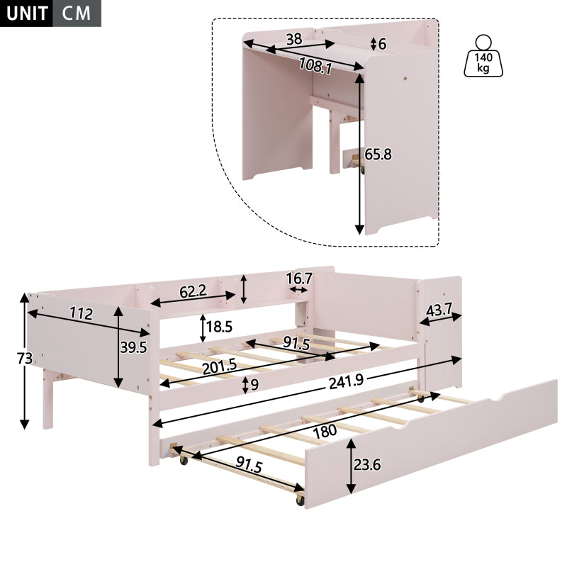 90*200cm, Flachbett, mit ausziehbarem Bett, mit Schreibtisch, drei Regale an der Seite des Bettes, Rosa