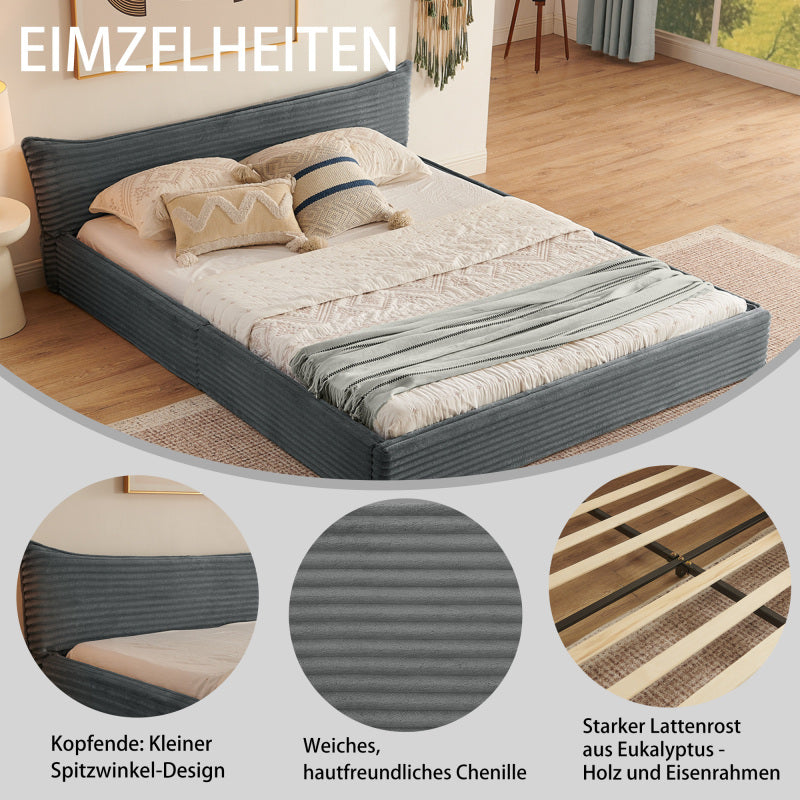 Doppelbett 160*200cm, mit Samtweichem Chenille-Bezug & Elegantem Kleinkantendesign am Kopfende, Dark Gray (ohne Matratze)