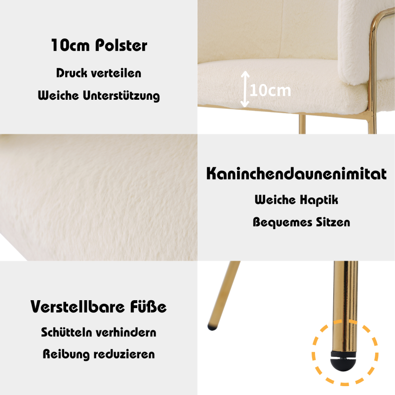 Freizeitstuhl, einzeln, Esszimmerstuhl, Ankleide Stuhl, mit vier Stützbeinen aus Metall, Kaninchendaunenimitat, beige