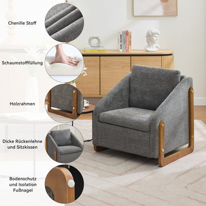 Sessel, Akzentstuhl für Wohnzimmer, Loungesessel, moderner Stuhl mit Armlehne aus Holz, mit Rückenkissen, grauer