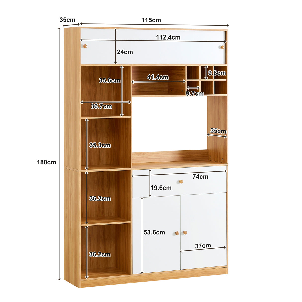 Küchenschrank 115×35×180 cm mit LED, Küchenbuffet mit Schublade, 3 Türen & Regalen, Hochschrank für Mikrowelle – Weiß/Natur