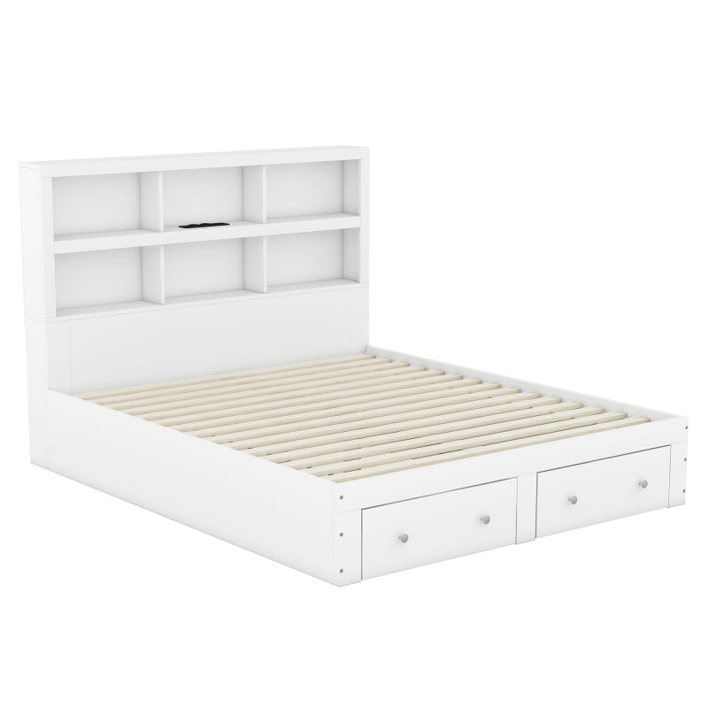 160*200cm Doppelbett, Kingsize-Plattformbett mit zwei Schubladen am Fußende des Bettes, Kopfteil mit Stauraum, Weiß