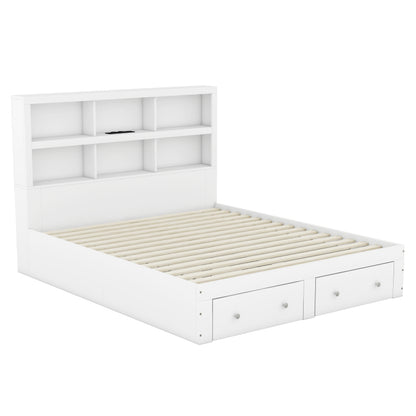 160*200cm Doppelbett, Kingsize-Plattformbett mit zwei Schubladen am Fußende des Bettes, Kopfteil mit Stauraum, Weiß