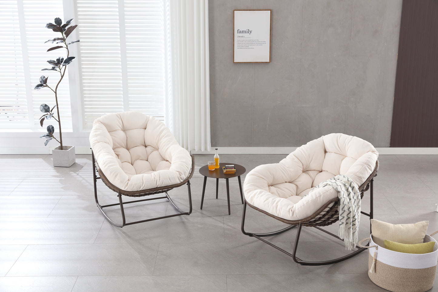 Outdoor Rocking Chair, Patio Oversized Wicker Egg Rocking Chair, Indoor & Outdoor Comfy Rocker Chair with Thick Cushion, Modern Lounge Chair for Balcony, Front Porch, Garden, Backyard, Deck White
