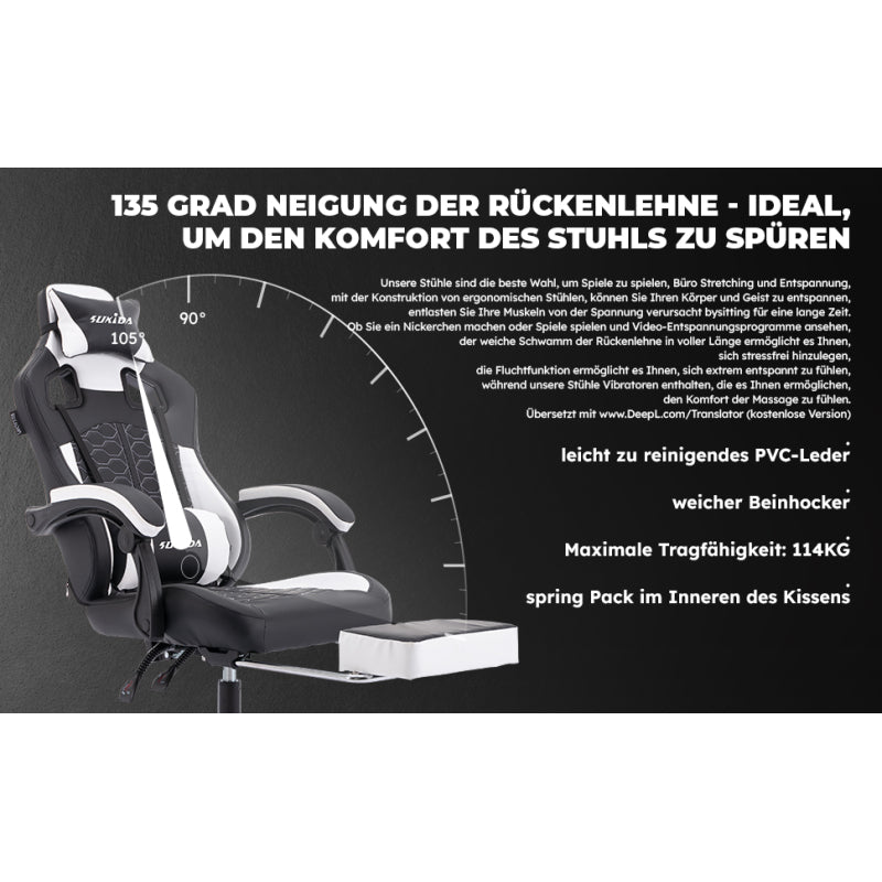 Gaming Stuhl, Ergonomischer Gaming-Stuhl mit Fußstütze, Racing Gaming Chair Kopfstütze Verstellbarer Computerstuhl Höhenverstellbar Lendenwirbelstütze für Homeoffice und Gaming Schwarz