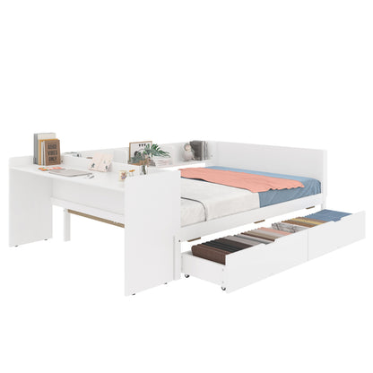 Flachbett, Holzbett, 140x200cm, mit Schreibtisch, ausgestattet mit 2 Schubladen, Doppelbett(Ohne Matratze), mit Regalen, Kiefer + Spanplatte, weiß