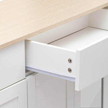 Sideboard mit weißer Holzmaserung, vier Türen, mit zwei Schubladen, Tür mit Glas. Wohnzimmer, Esszimmer. Holzfarbe und Weiß