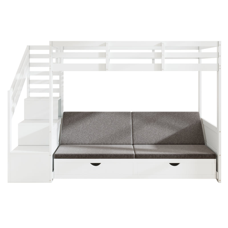 Kinder-Etagenbett, Doppelbett, multifunktionales Kinderbett,Mit Treppenschrank und 2 Schubladen, ohne Matratze, Die untere Ebene als Bett oder Sofa genutzt und enthält Kissen , weiß, 90*200