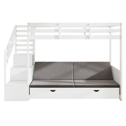 Kinder-Etagenbett, Doppelbett, multifunktionales Kinderbett,Mit Treppenschrank und 2 Schubladen, ohne Matratze, Die untere Ebene als Bett oder Sofa genutzt und enthält Kissen , weiß, 90*200