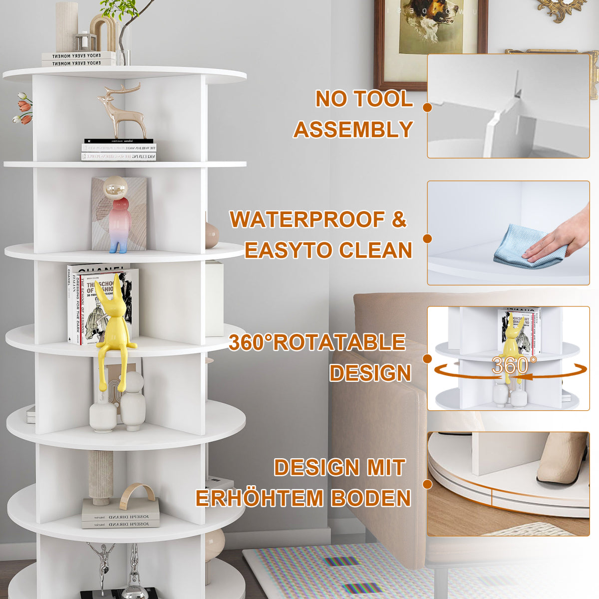 Drehbares Schuhregal 6 Etagen, 360°, Platzsparend, 24 Paar, Weiß, 138,5 cm