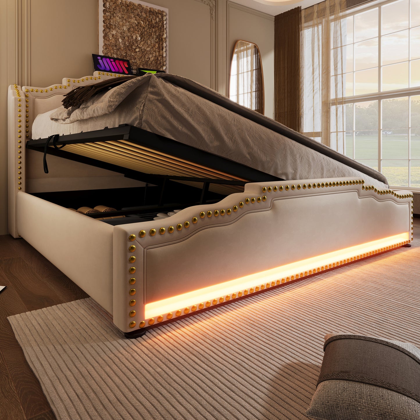 Polsterbett 140x200, Doppelbett mit hydraulischem Stauraum, LED-Beleuchtung und USB-C-Ladeanschluss, Stauraumbett und Jugendbett mit Lattenrost, Samt, Beige, Mit Matratze