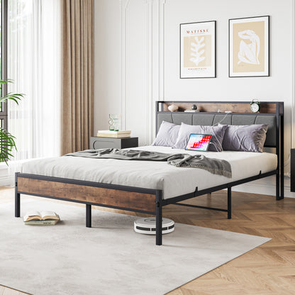 140x200cm Größe Bettrahmen mit intelligenten LED-Lichtern, Speicherkopf mit USB-Ladestation, Heavy Duty Metalllamellen Unterstützungsplattform, Lärmfrei, Einfache Montage, Keine Boxfeder erforderlich