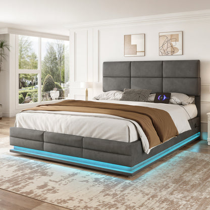 160 x 200 cm Bettgestell aus weichem Samt mit USB Type C Ladefunktion und LED Beleuchtung, Hydrauliksystem Stauraum Bettgestell aus Samtmaterial Jugendbett mit Lattenrost, Grau
