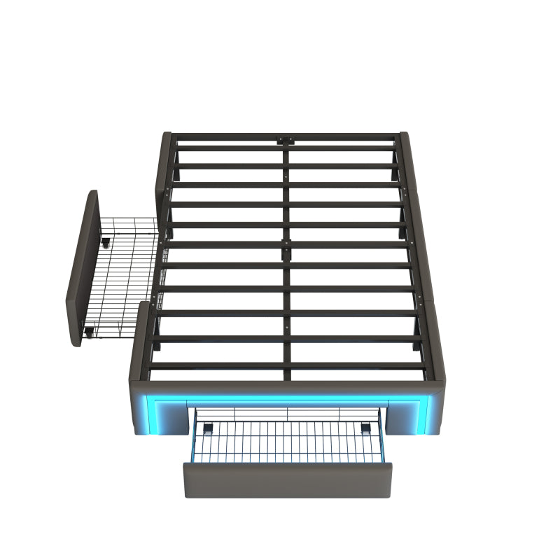 Bettgestell 90X200 mit Schubladen, PU-Leder Bett ohne Kopfteil Mit LED-Lichtleiste, MetalllattenPlattformbett für moderne Schlafzimmer Grau