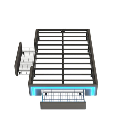 Bettgestell 90X200 mit Schubladen, PU-Leder Bett ohne Kopfteil Mit LED-Lichtleiste, MetalllattenPlattformbett für moderne Schlafzimmer Grau