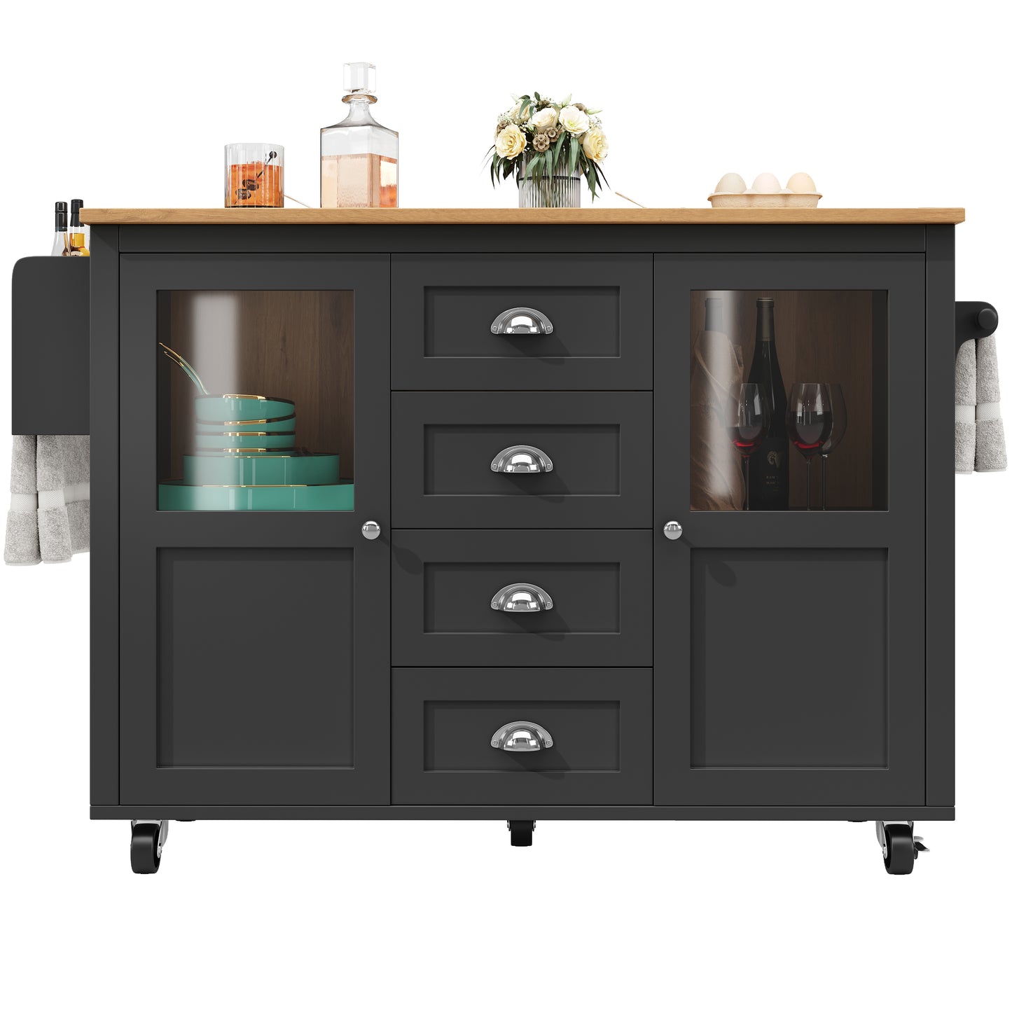 Kücheninsel Küchenwagen auf Rollen 120x73x93cm ausziehbarer Küchenschrank Buffetschrank mit Gewürzregal Handtuchhalter 2 Türen 4 Schubladen Schwarz