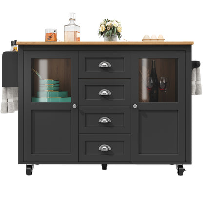 Kücheninsel Küchenwagen auf Rollen 120x73x93cm ausziehbarer Küchenschrank Buffetschrank mit Gewürzregal Handtuchhalter 2 Türen 4 Schubladen Schwarz