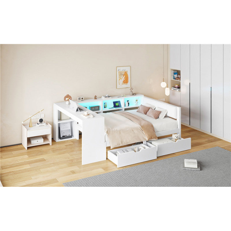 140x200 Holz-Plattformbett mit Ablageflächen, Schubladen, Ladestation und gepolstertem Kopfteil, Mit bunten LED-Leuchten, Weiß