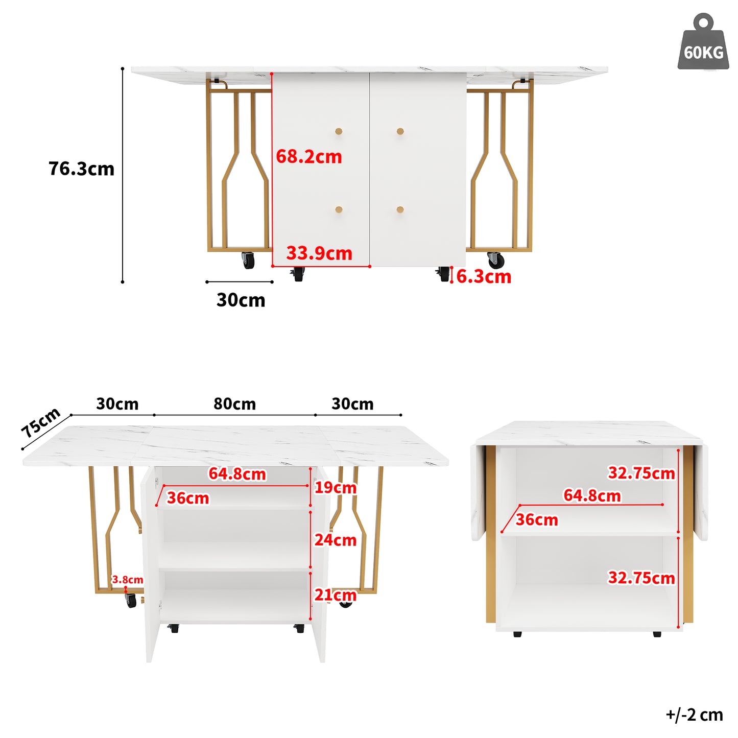 Tragbarer Esstisch, klappbare Tischplatte, marmorierte Tischplatte, geeignet für Esszimmer, Wohnzimmer, verstellbare Trennwände, große Ablagefächer, 6 Rollen (2 feststellbar), goldene Tischbeine
