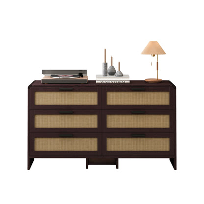 130CM Arc Shaped Corner Rattan Cabinet, 6-Drawers Rattan Storage Cabinet Rattan Drawer, for Living Room Bedroom,and Kitchen, Reddish-brown, Brown