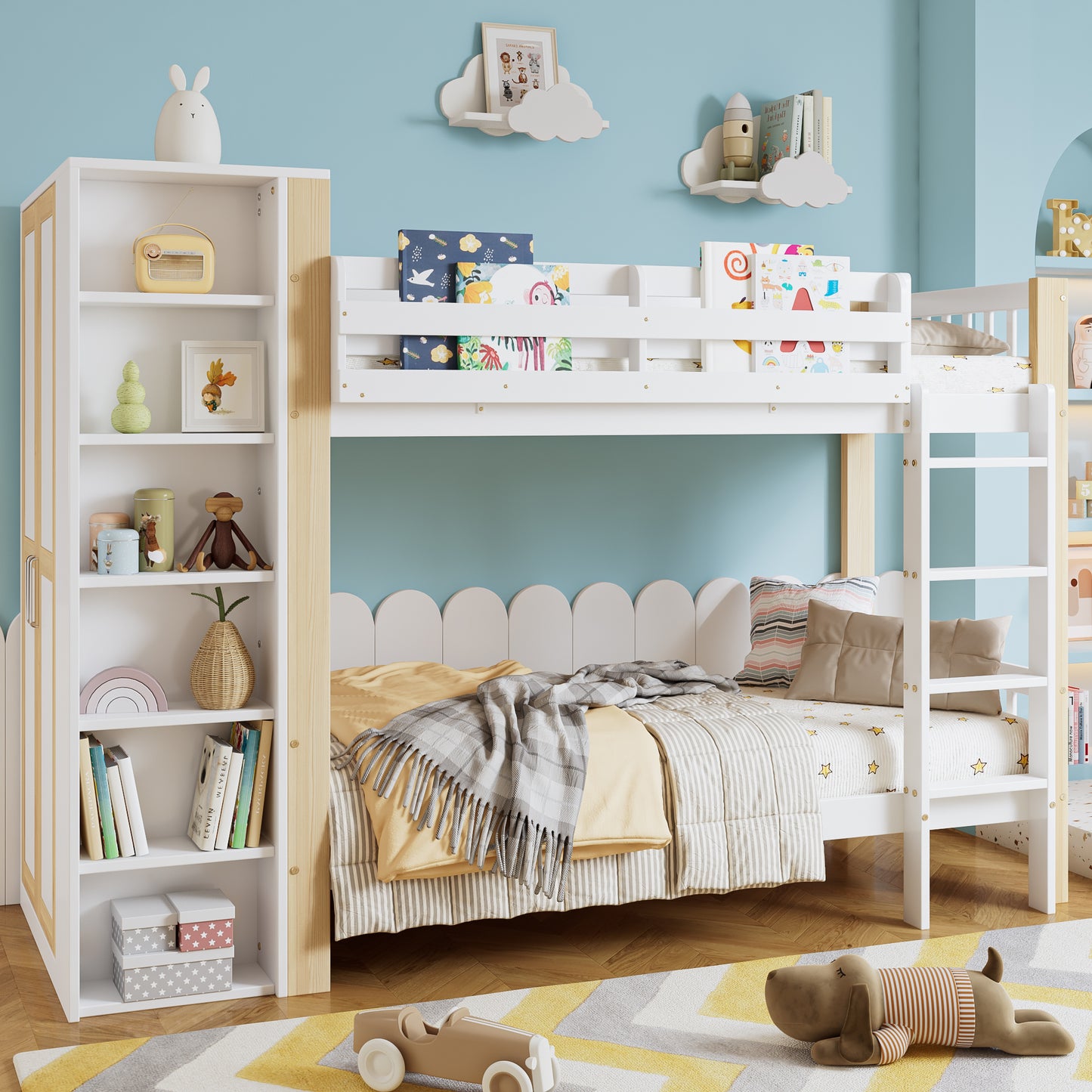 Etagenbett, Kinderbett mit Fallschutz und Gitter, mit 4-stufiger Leiter, 6 offenen Regalen, Kleiderschrank seitlich, Reichlich Stauraum,  Kiefer+PB, Weiß+Natur,  90x200cm