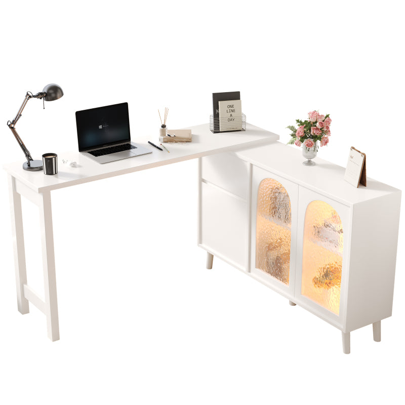 Schreibtisch mit LED - 2-in-1 Sideboard und Arbeitsplatte, 360° drehbar, mit Acryltür, FSC-zertifiziert, weiß, 120×40×78 cm