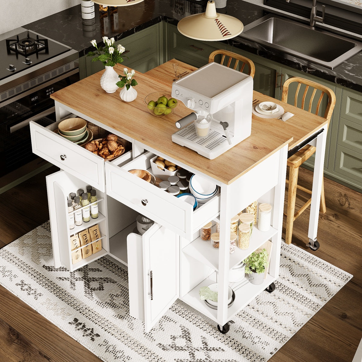Kücheninsel mit Rollen & ausziehbarer Platte, Servierwagen Weiß/Holzoptik, 120cm Sideboard mit 7 Rollen, 2 Schubladen & verstellbaren Regalen