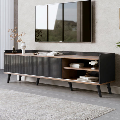 TV-Schrank mit zwei Schubladen, Fernsehtisch TV Board, TV- Lowboard niedrige Platte mit zwei Schiebetüren. Exquisite Textur. Schwarz und natürliches Holzfarbe. H58/L160/T40 cm