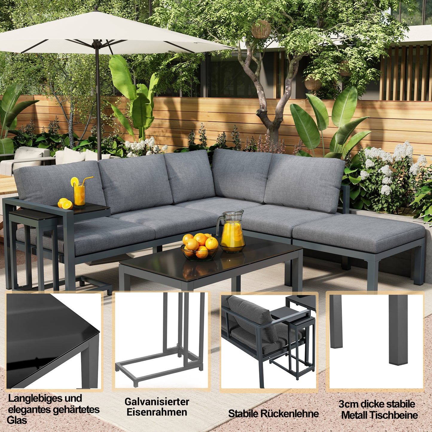 Garten Loungesessel Set, Eckloungesessel, Gartenmöbel für 4-5 Personen, mit Beistell- und Couchtisch, wetterfeste Loungemöbel, grau, 5er Set, inkl. aller Kissen(preview sku:HW24018AAS)