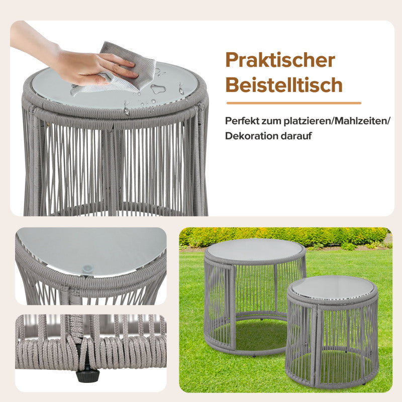 Gartenlounge-Set, Gartenmöbel-Set, Mit Eisenrahmen und grauem Seil, Gartenmöbel aus gewebtem Seil für den Außenbereich, Grau, Zwei Sessel, zwei 2-Sitzer-Sofas und zwei Tische (alle Kissen inklusive)