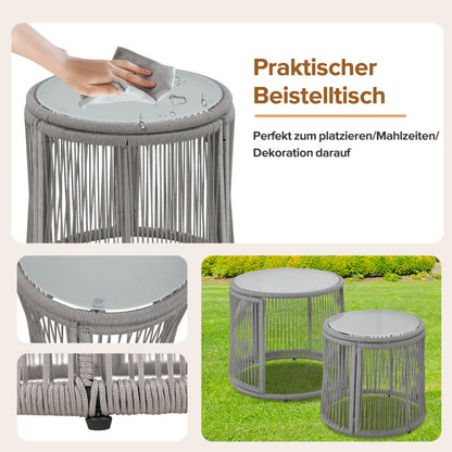 Gartenlounge-Set, Gartenmöbel-Set, Mit Eisenrahmen und grauem Seil, Gartenmöbel aus gewebtem Seil für den Außenbereich, Grau, Zwei Sessel, zwei 2-Sitzer-Sofas und zwei Tische (alle Kissen inklusive)
