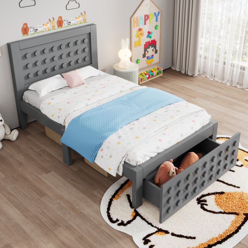 Holzbett Einzelbett 90x200 cm, Kinderbett Jugendbett mit Kreativem Block Design, Massivholz Bettgestell mit Lattenrost, mit Schubladen & Unterm Bett Stauraum, Grau, Ohne Matratze