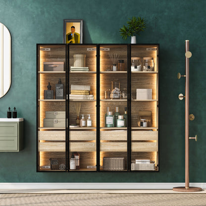 2er-Set  Badezimmerschrank, mittel, mit Lichtleiste, 73 cm breit, mit 2 großen Schubladen und 2 Türen, Glastür