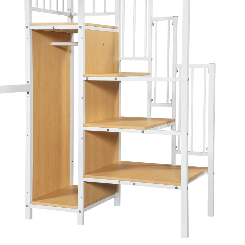 Eisenbett, Etagenbett, Hochbett, Geeignet für Kinder und Jugendliche, mit Tisch und Kleiderschrank, Seitenleiter mit Handlauf, Eisen+Spanplatte, Weiß+Natur, 90x200cm