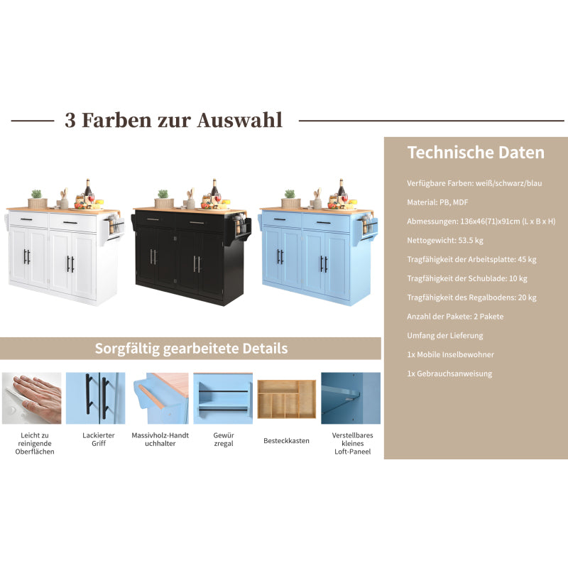Servierwagen mit klappbarer Tischplatte, 120x46(70)x91 cm, Blau, mit Rollen und austauschbaren Holzbeinen, ideal für Küche und Esszimmer
