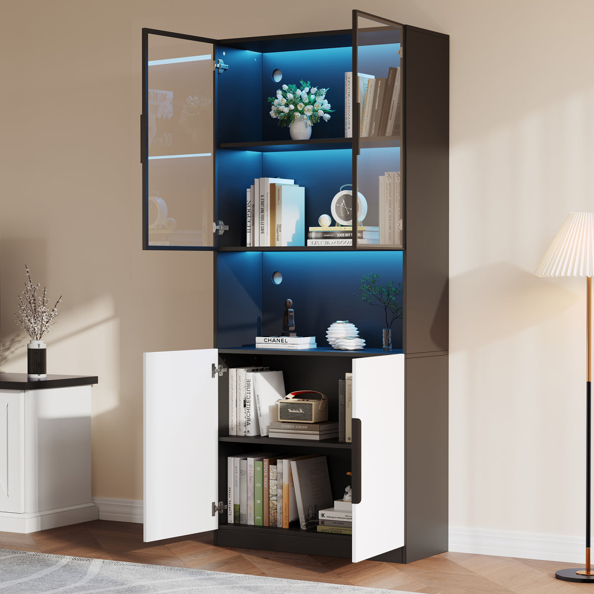 Moderne Vitrine 80x30x200cm Weiß/Schwarz - Glasschrank mit LED, Einstellbare Helligkeit & Farbtemperatur, Sammler-Bücherregal mit Glastüren