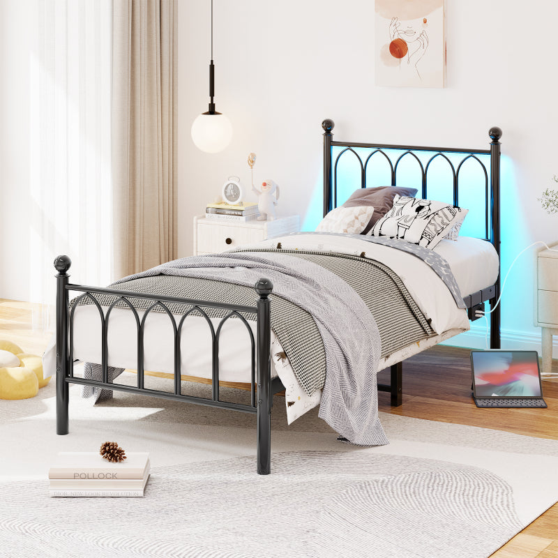 90x200cm Metall Bettrahmen mit Vintage Kopf und Fußplatte, USB-Ladestation, LED-Bettrahmen, Heavy Duty Stahl Slat Unterstützung, Reichweite Unterbett-Speicher, Keine Box-Feder erforderlich, Schwarz