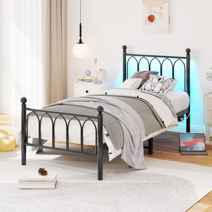 90x200cm Metall Bettrahmen mit Vintage Kopf und Fußplatte, USB-Ladestation, LED-Bettrahmen, Heavy Duty Stahl Slat Unterstützung, Reichweite Unterbett-Speicher, Keine Box-Feder erforderlich, Schwarz