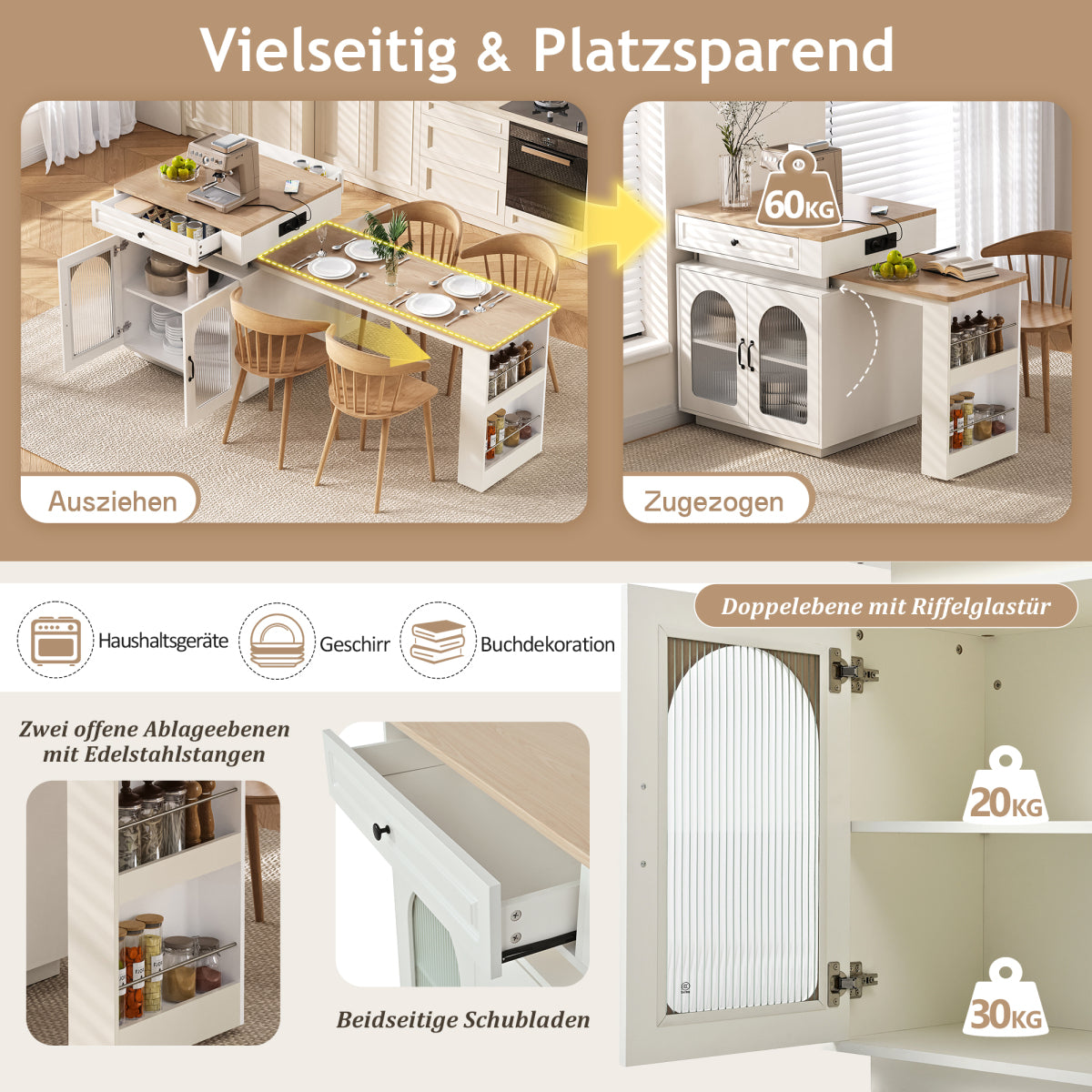 Kücheninsel mit Rollen, ausziehbarer Esstisch 128–200 cm mit LED & Steckdosen, Bartisch/Sideboard