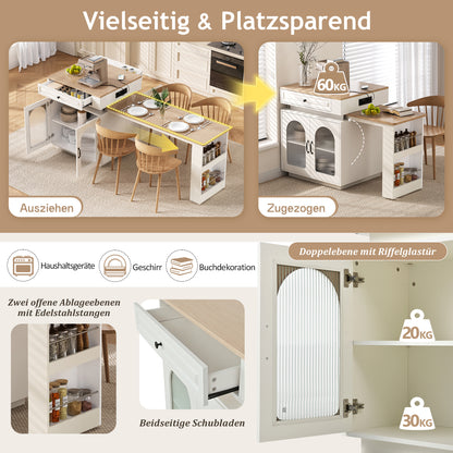 Kücheninsel mit Rollen, ausziehbarer Esstisch 128–200 cm mit LED & Steckdosen, Bartisch/Sideboard