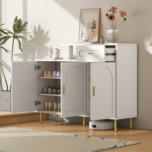 Kommode/Sideboard/Schuhschrank mit Metallgriffen, 1 Schublade und 3 Türen, auf Metallfüßen, Weiß. Maße: B120 × H92 × T35 cm