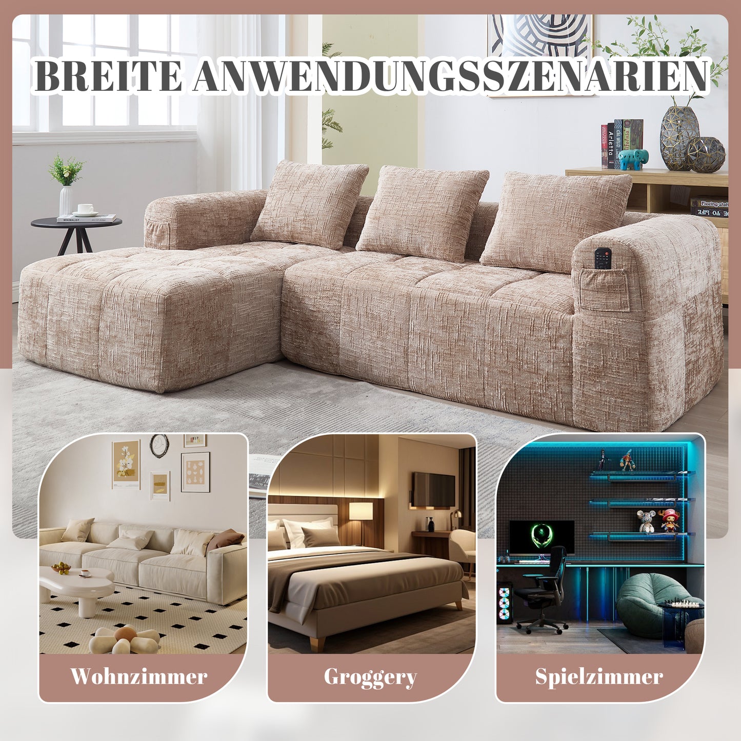 Modernes Sektionssofa, L-Sofa, 3-Sitzer-Sofa, keine Installation erforderlich, Chenille-Sofa mit Chaiselongue und Armlehnen, 3 Kissen, Seitentasche für Fernbedienung, khaki