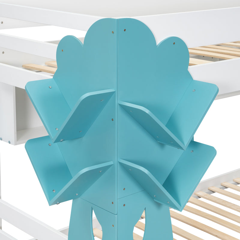 Etagenbett, Kreatives Kinderbett, Bücherregal in Baumform, Offenes Regal, Zwei Schubladen mit Rollen, Mit Fallschutzgitter, Reichlich Stauraum, Kiefer+MDF, Weiß+Blau, 90x200cm