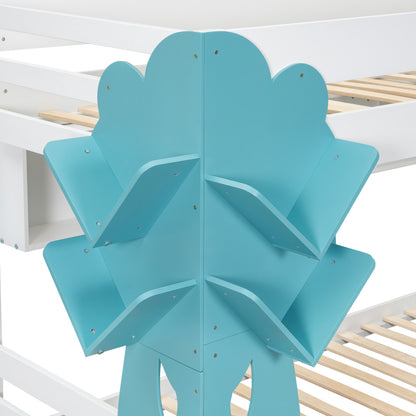 Etagenbett, Kreatives Kinderbett, Bücherregal in Baumform, Offenes Regal, Zwei Schubladen mit Rollen, Mit Fallschutzgitter, Reichlich Stauraum, Kiefer+MDF, Weiß+Blau, 90x200cm