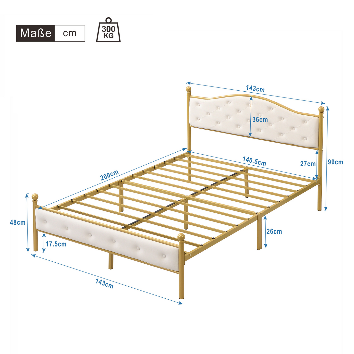 Modern Metallbett, Bettgestelle mit Lattenrost, Doppelbett, 140x200 cm, Ohne Matratze, golden