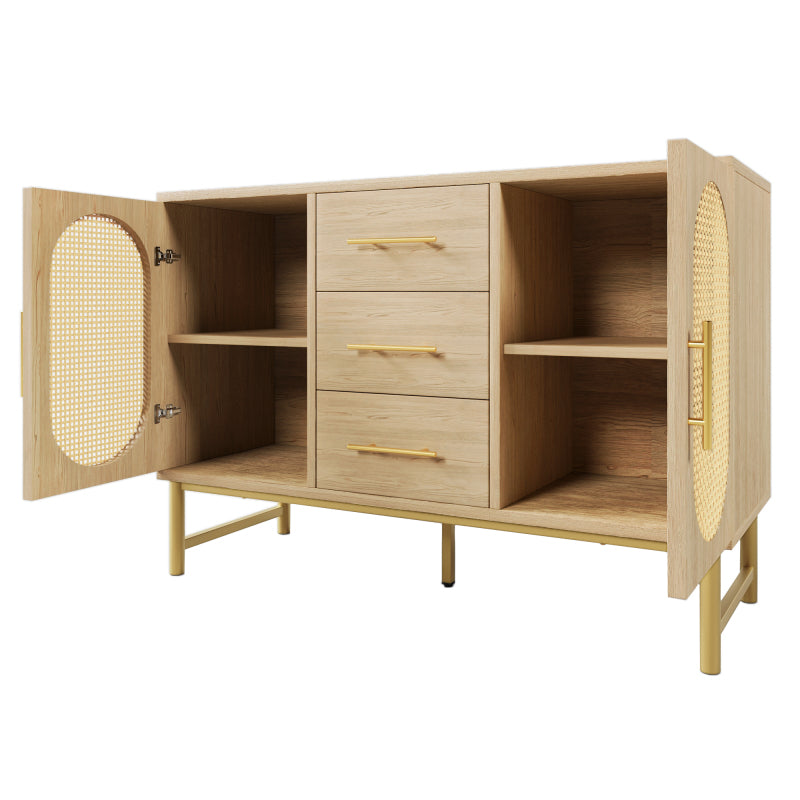 Rattan kommode mit 3-Schubladen und 2-Rattan-Türer,kommode schrank, Schminktisch, für Schlafzimmer und Wohnzimmer, Verstellbare Regale, Kippschutz, 120 x 40 x 74 cm, Sonoma Eiche
