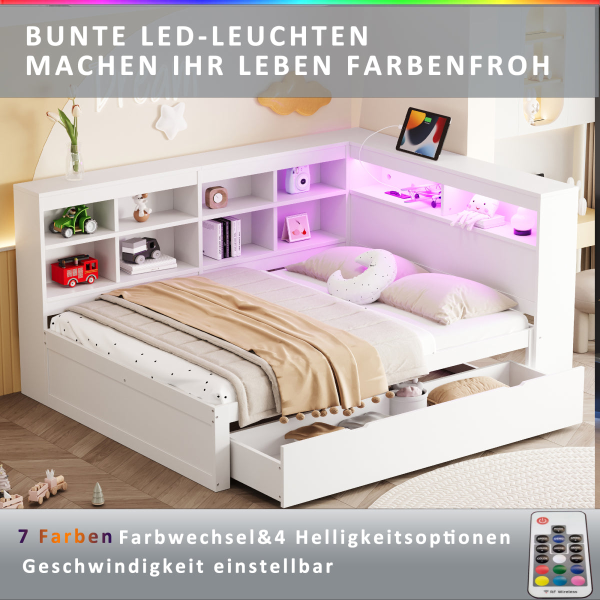 Massivholz-Doppelbett 140x200 Weiß mit LED & USB - Multifunktionales Sofa-Bett mit großen Schubladen, Ablagefächern & viel Stauraum, Weiß